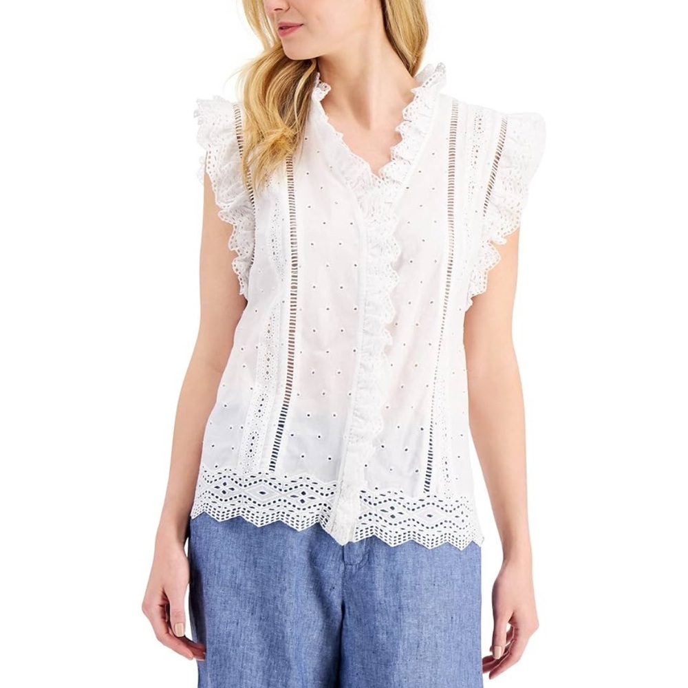 Charter CIub Cotton Ruffled Eyelet Top